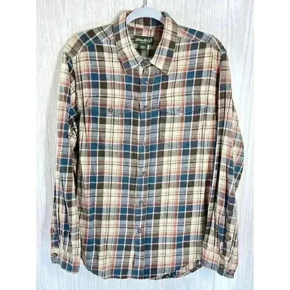 Eddie Bauer Men’s XL Shirt Button Front Pocket Flannel Plaid Hiking Outdoor Tan - Picture 1 of 5